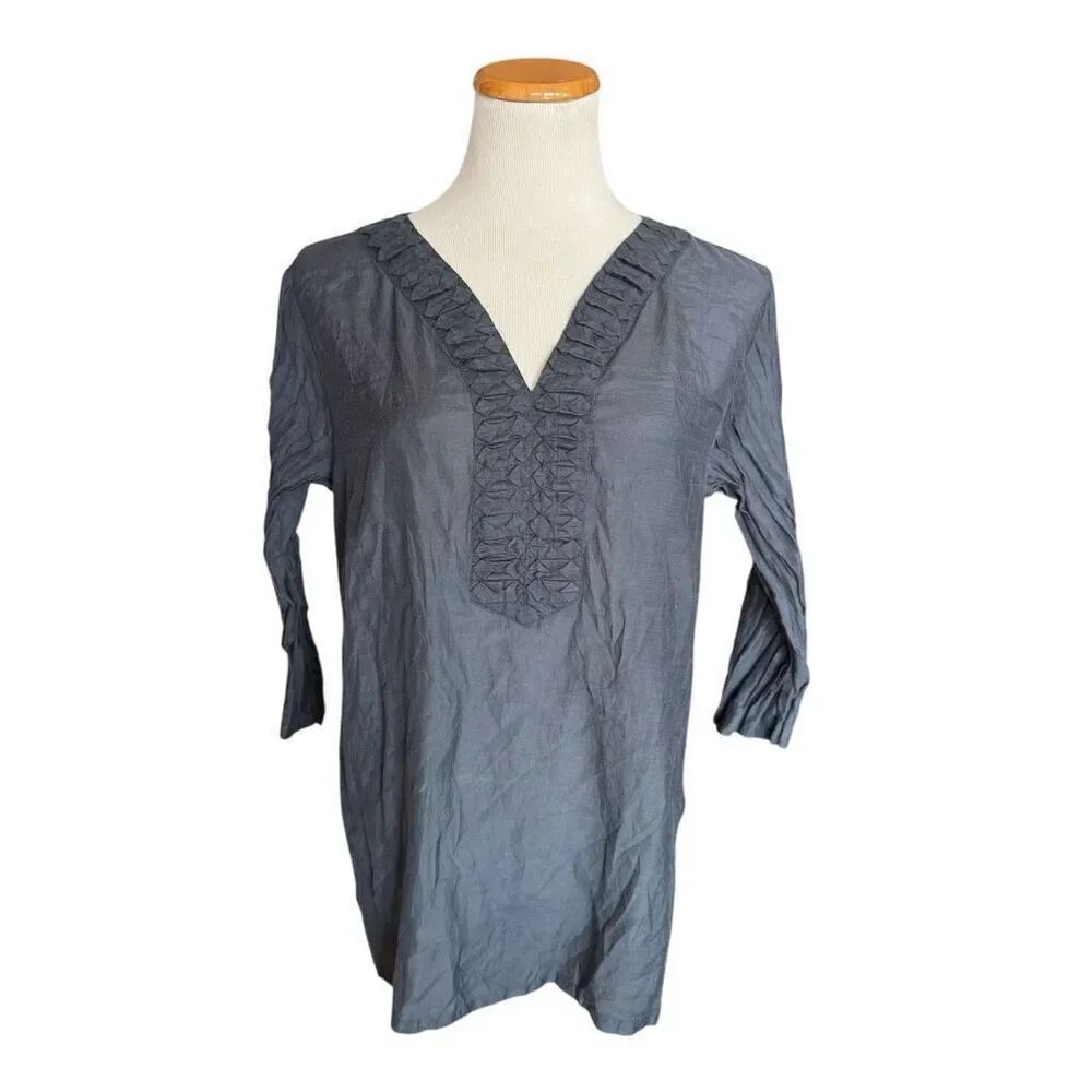 Womens Coldwater Creek Navy Ruffle Detail Split Neck Top Blouse - Sz XL (16)